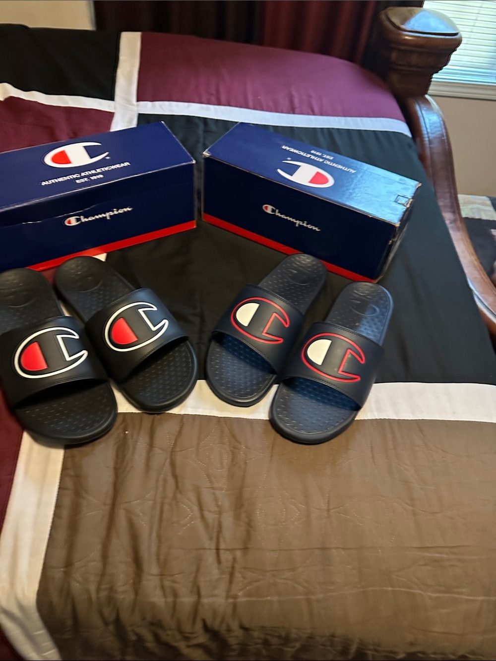 Champion Black and Navy Slide Sandals with Red & White Logo